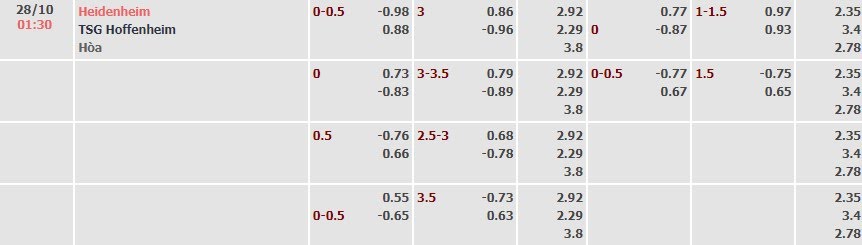 Tỷ lệ kèo Bundesliga Heidenheim vs Hoffenheim