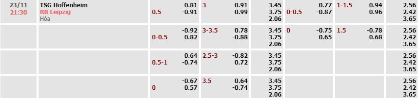 Tỷ lệ kèo Bundesliga Hoffenheim vs RB Leipzig