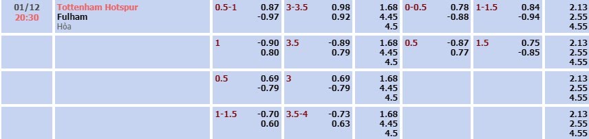 Tỷ lệ kèo Premier League Tottenham vs Fulham