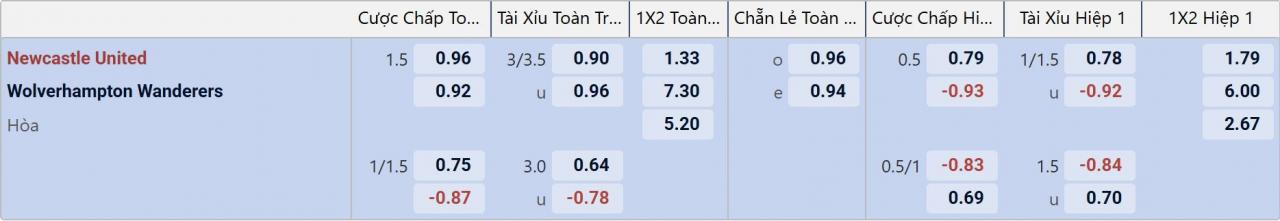 Tỉ lệ kèo Newcastle vs Wolves